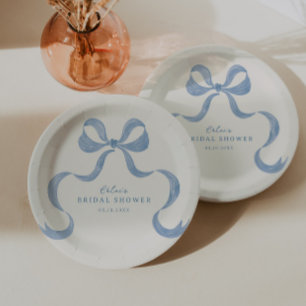 Dusty Blue Hand Drawn Bow Bridal Shower Paper Plate