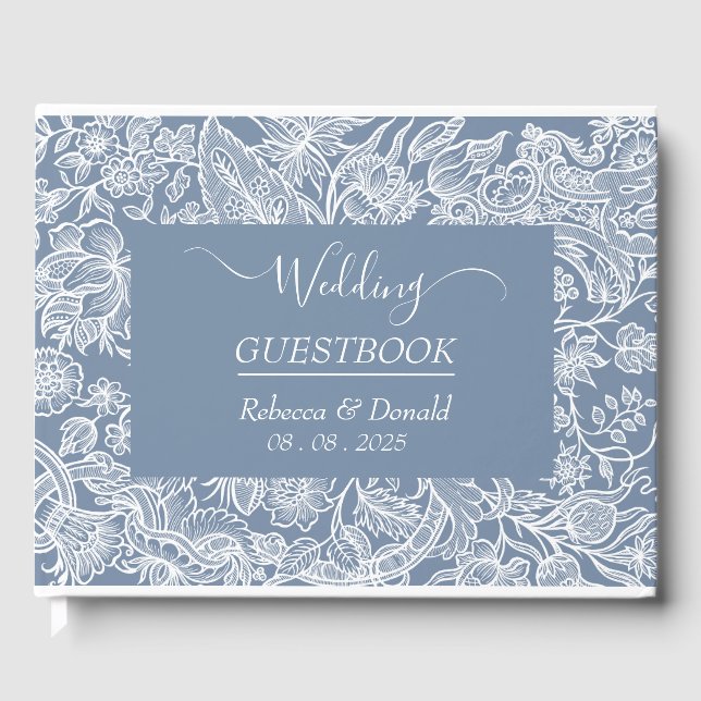 Dusty Blue Hand Drawn Chinoiserie Floral   Guest Book (Front)