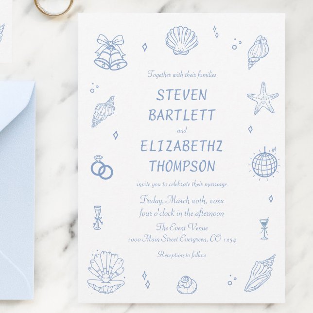 Dusty Blue Hand Drawn Coastal Wedding Invitation (Creator Uploaded)