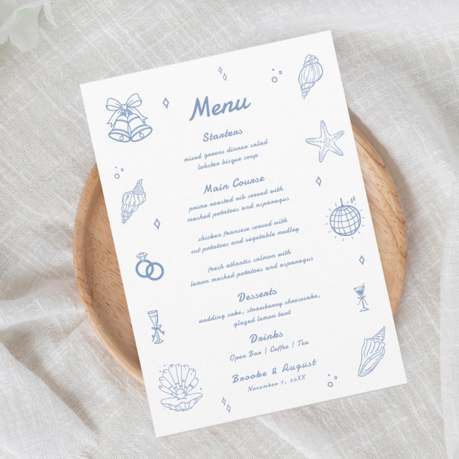 Dusty Blue Hand Drawn Coastal Wedding Menu (Creator Uploaded)