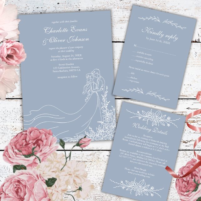 Dusty Blue  Hand Drawn Couple Rustic Wedding  Invitation (Creator Uploaded)
