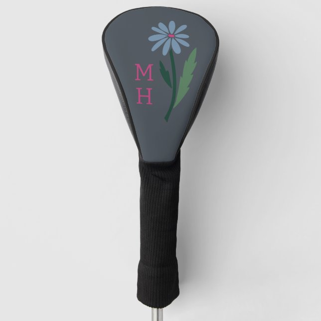 Dusty Blue Hand Drawn Daisy Monogram Dark Gray Golf Head Cover (Front)