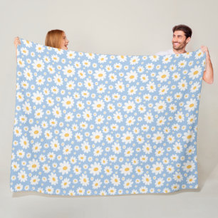 Dusty Blue Hand Drawn Daisy Pattern Fleece Blanket