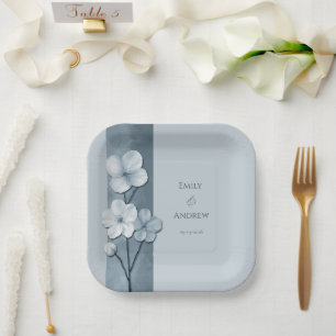 Dusty Blue Hand Drawn Floral Botanical Wedding Paper Plate