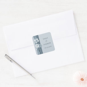 Dusty Blue Hand Drawn Floral Botanical Wedding Square Sticker