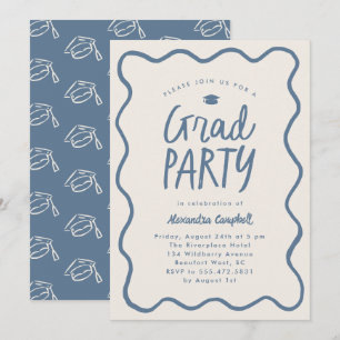 Dusty Blue Hand Drawn Squiggle Graduation Party Invitation