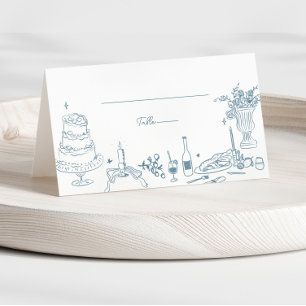 Dusty Blue Hand Drawn Whimsical Wedding Thank You Place Card