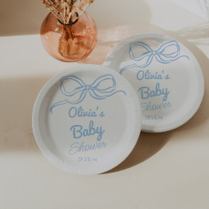 Dusty Blue Hand Written Drawn Bow Baby Boy Shower  Paper Plate
