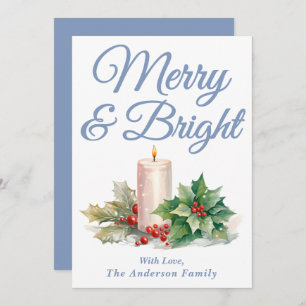 Dusty Blue Handwritten Script Merry & Bright Holiday Card