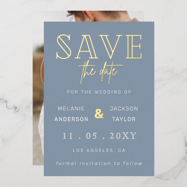 Dusty Blue Handwritten Script Photo Save The Date  (Front/Back)