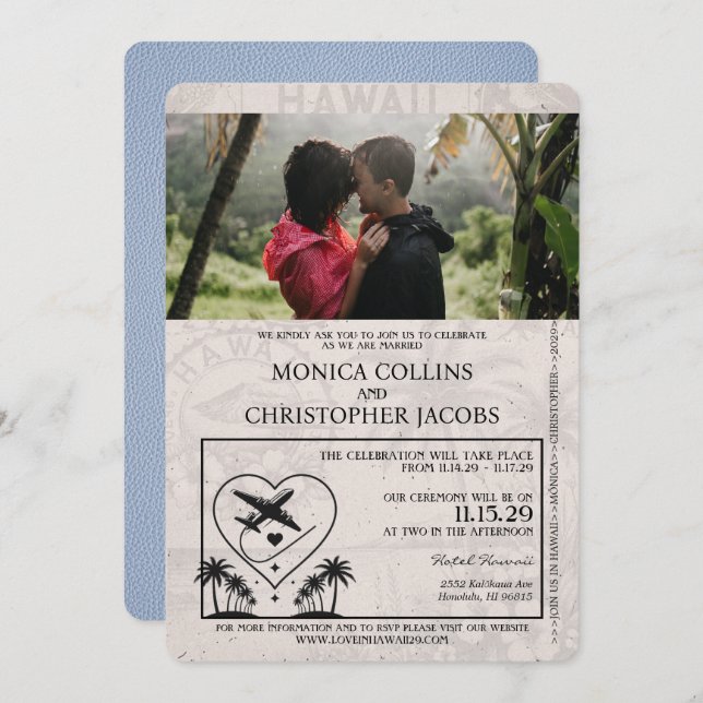 Dusty Blue Hawaii Passport Wedding Invitation (Front/Back)