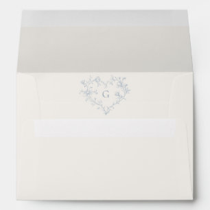 Dusty Blue Heart Crest Monogram Ivory Wedding Envelope
