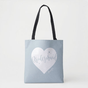 Dusty blue heart & script personalized bridesmaid  tote bag
