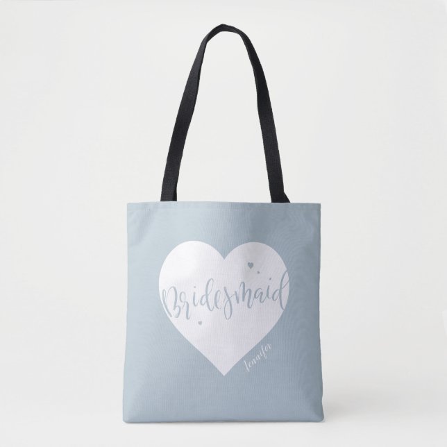 Dusty blue heart & script personalized bridesmaid  tote bag (Front)