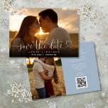 Dusty Blue Heart Script Photo Wedding QR Code Save The Date<br><div class="desc">This elegant heart script photo save the date card features your photo and a script save the date above your names,  date and venue. The reverse features an additional photo,  message,  and wedding website QR code on a dusty blue background. Designed by Thisisnotme©</div>