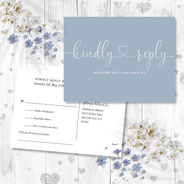 Dusty Blue Heart Script Song Request RSVP Invitation Postcard (Dusty Blue Heart Script Song Request RSVP Invitation Postcard)