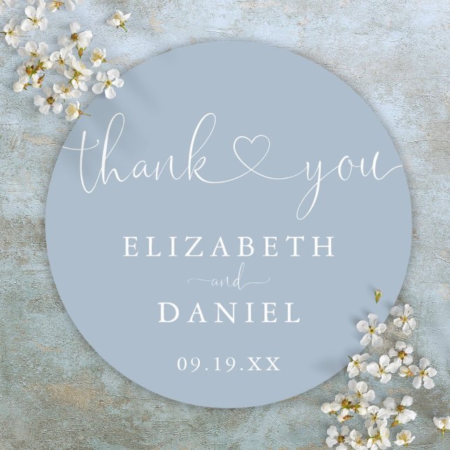 Dusty Blue Heart Script Thank You Wedding Favour Classic Round Sticker (Dusty Blue Heart Script Thank You Wedding Favor Classic Round Sticker)