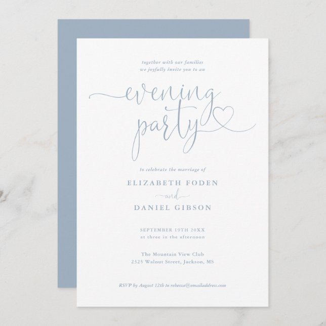 Dusty Blue Heart Script Wedding Evening Party Invitation (Front/Back)
