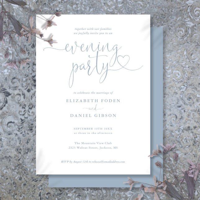 Dusty Blue Heart Script Wedding Evening Party Invitation (Dusty Blue Heart Script Wedding Evening Party Invitation)