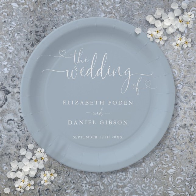 Dusty Blue Heart Script Wedding Paper Plate (Dusty Blue Heart Script Wedding Paper Plates)