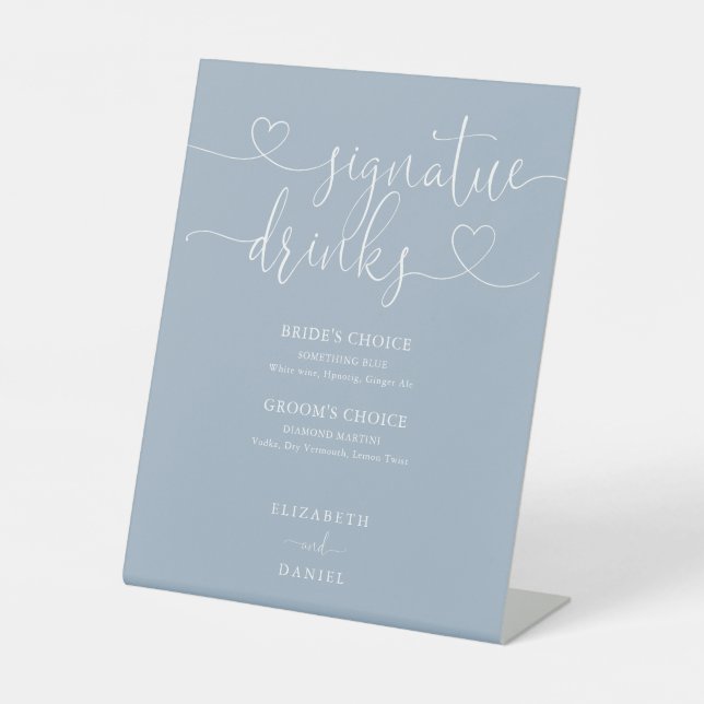 Dusty Blue Heart Script Wedding Signature Drinks Pedestal Sign (Front)
