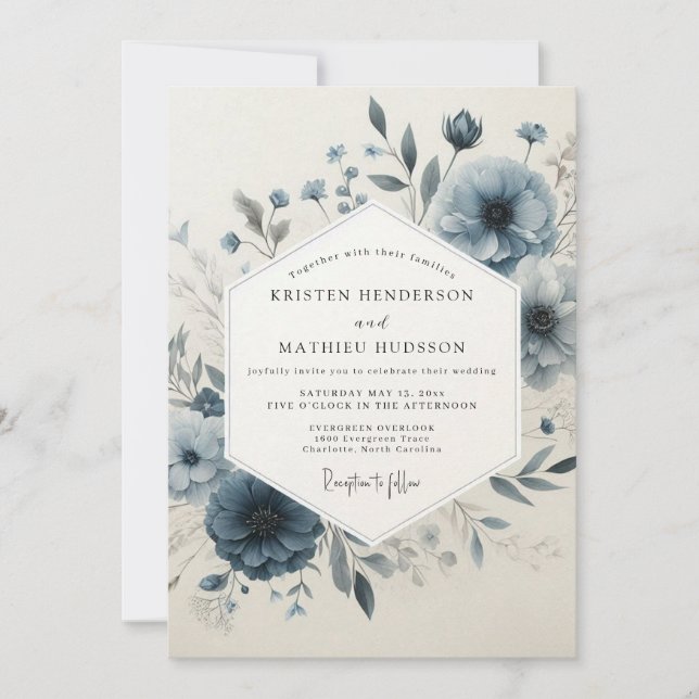 Dusty Blue Heirloom Flora Wedding Invitation (Front)