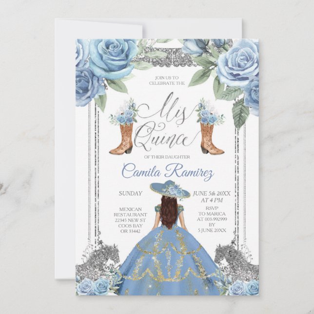 Dusty Blue Horse & Western Boots Sweet 16th Invitation (Front)