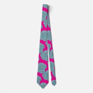 Dusty Blue Hot Pink Floral Rose Vintage Gift Favor Tie