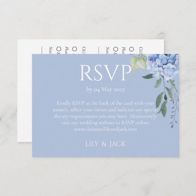 Dusty Blue Hydrangea 2 Guest Wedding RSVP Enclosure Card (Front/Back)