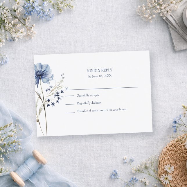 Dusty Blue Hydrangea Botanical Wedding RSVP Card (Blue Wildflower RSVP Card with Addressed Back on a romantic table with dusty blue tiny wildflowers)
