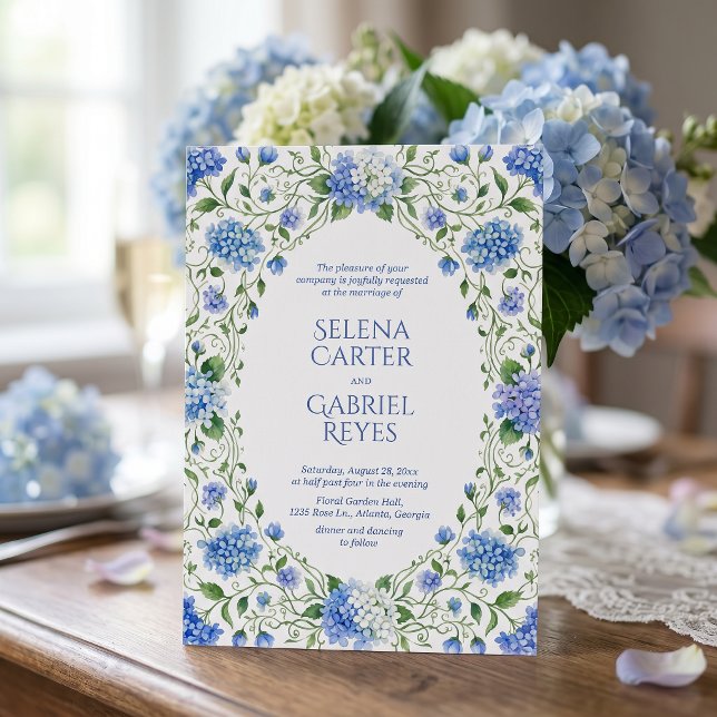 Dusty Blue Hydrangea Coastal Garden Wedding Invitation (Creator Uploaded)