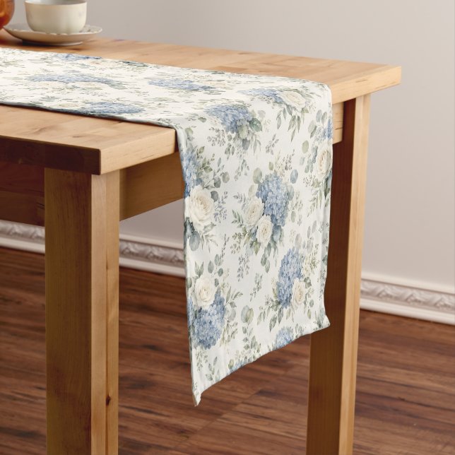 Dusty Blue Hydrangea Cream White Rose Floral Short Table Runner (In Situ)