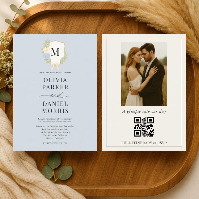 Dusty Blue Hydrangea Crest Monogram Photo Wedding Invitation (Creator Uploaded)