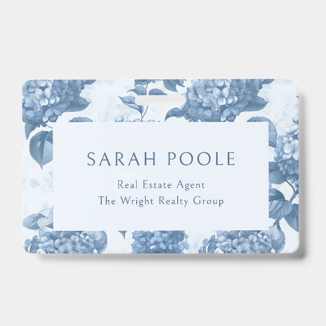 Dusty Blue Hydrangea Elegant Real Estate Agent Badge (Front)