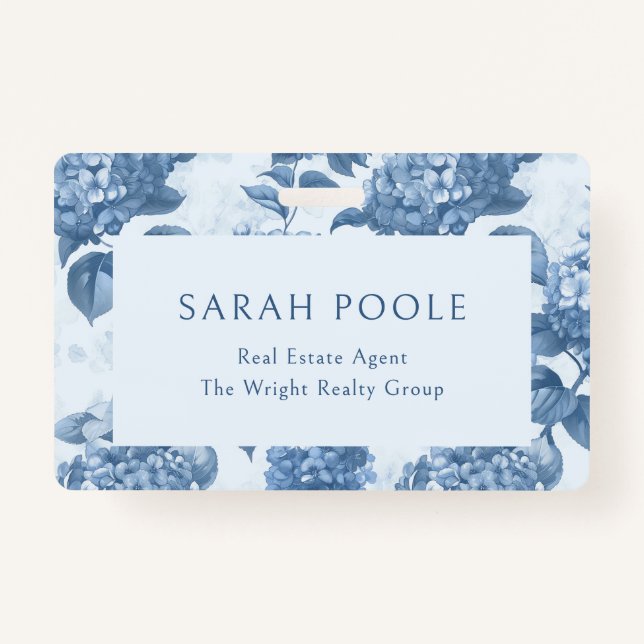 Dusty Blue Hydrangea Elegant Real Estate Agent Badge (Front)