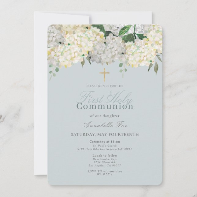 Dusty Blue Hydrangea First Holy Communion Invitation (Front)