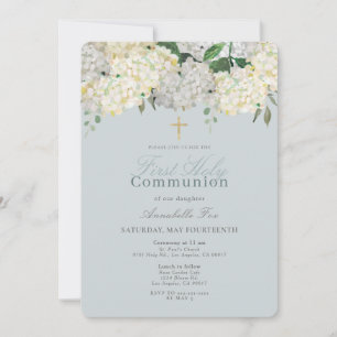 Dusty Blue Hydrangea First Holy Communion Invitation