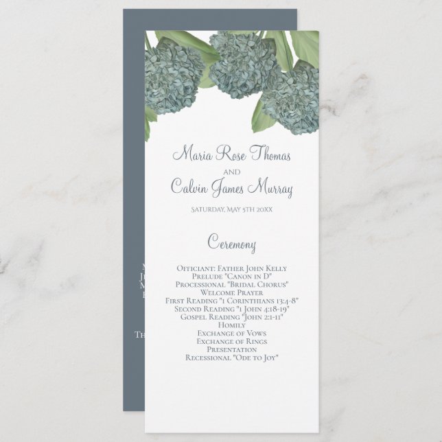 Dusty Blue Hydrangea Floral Elegant Ceremony Program (Front/Back)