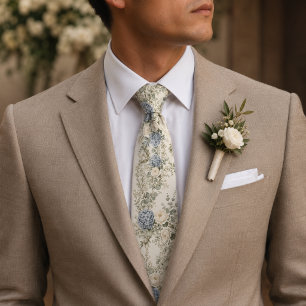 Dusty Blue Hydrangea Floral Ivory Botanical Garden Tie