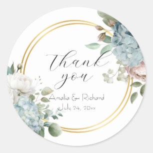 Dusty Blue Hydrangea Floral “Thank You” Wedding Classic Round Sticker