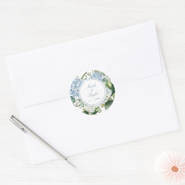 Dusty Blue Hydrangea Floral Wedding  Classic Round Sticker (Envelope)