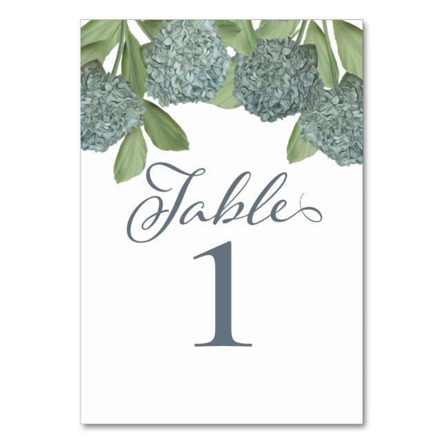 Dusty Blue Hydrangea Floral Wedding Number Table Number (Front)