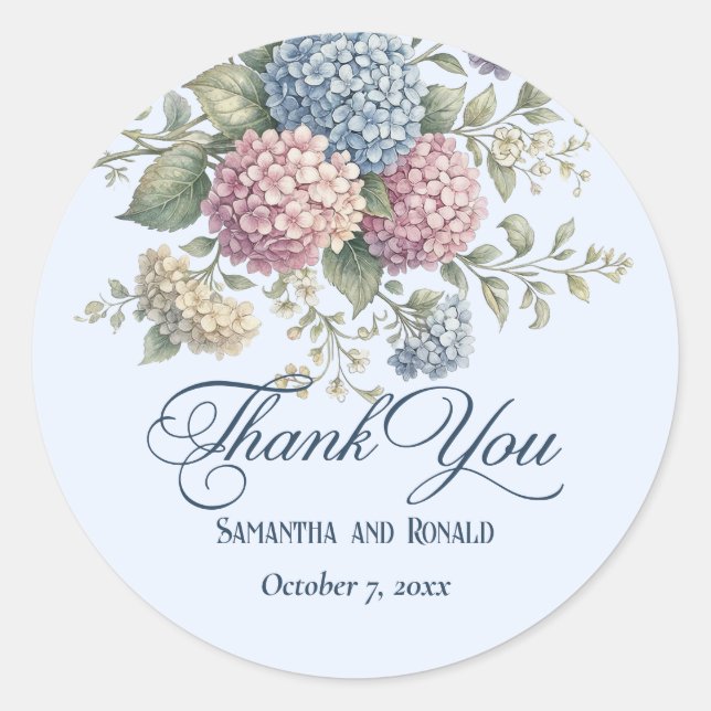 Dusty Blue Hydrangea Floral Wedding Thank You Classic Round Sticker (Front)