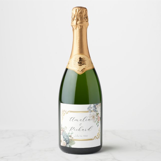 Dusty Blue Hydrangea Flowers Wedding Bottle Labels (Front)
