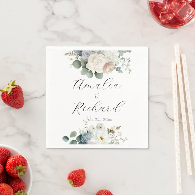 Dusty Blue Hydrangea Flowers Wedding Napkins (Insitu)
