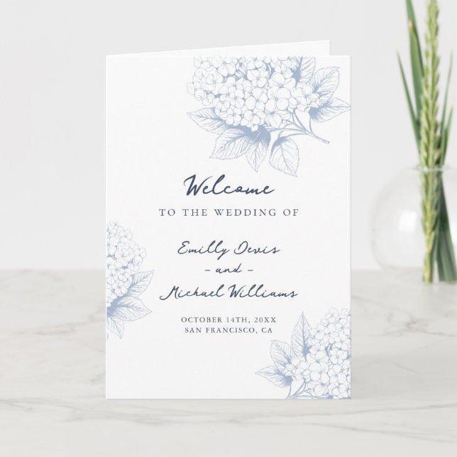 Dusty Blue Hydrangea Folded Wedding Program (Front)