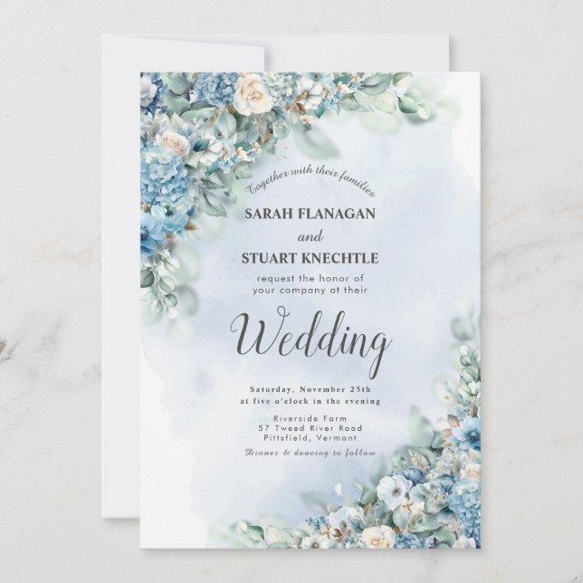 Dusty Blue Hydrangea Roses Photo QR Code Wedding  Invitation (Front)