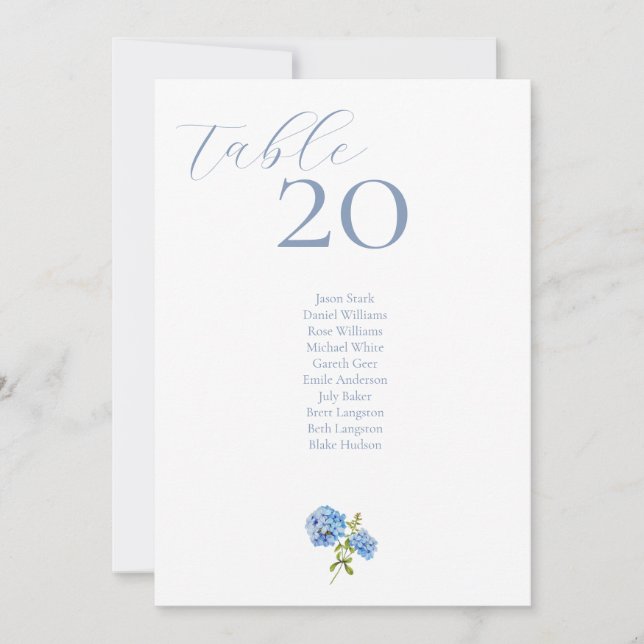 Dusty Blue Hydrangea Table Number & Seating Card (Front)