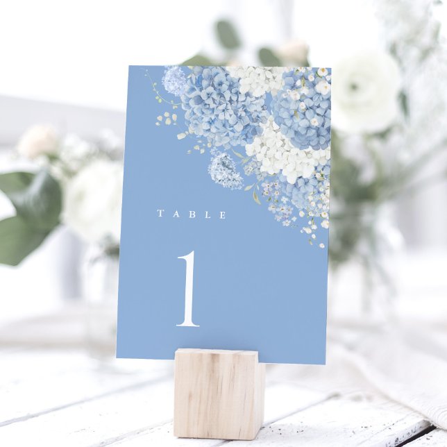 Dusty Blue Hydrangea Watercolor Floral Table Number (Dusty blue hydrangea table number card, watercolor floral wedding sign decor, wood block holder)