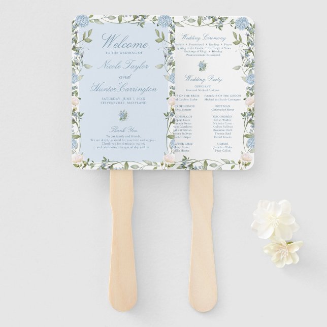 Dusty Blue Hydrangea Wedding Ceremony Program Hand Fan (Creator Uploaded)
